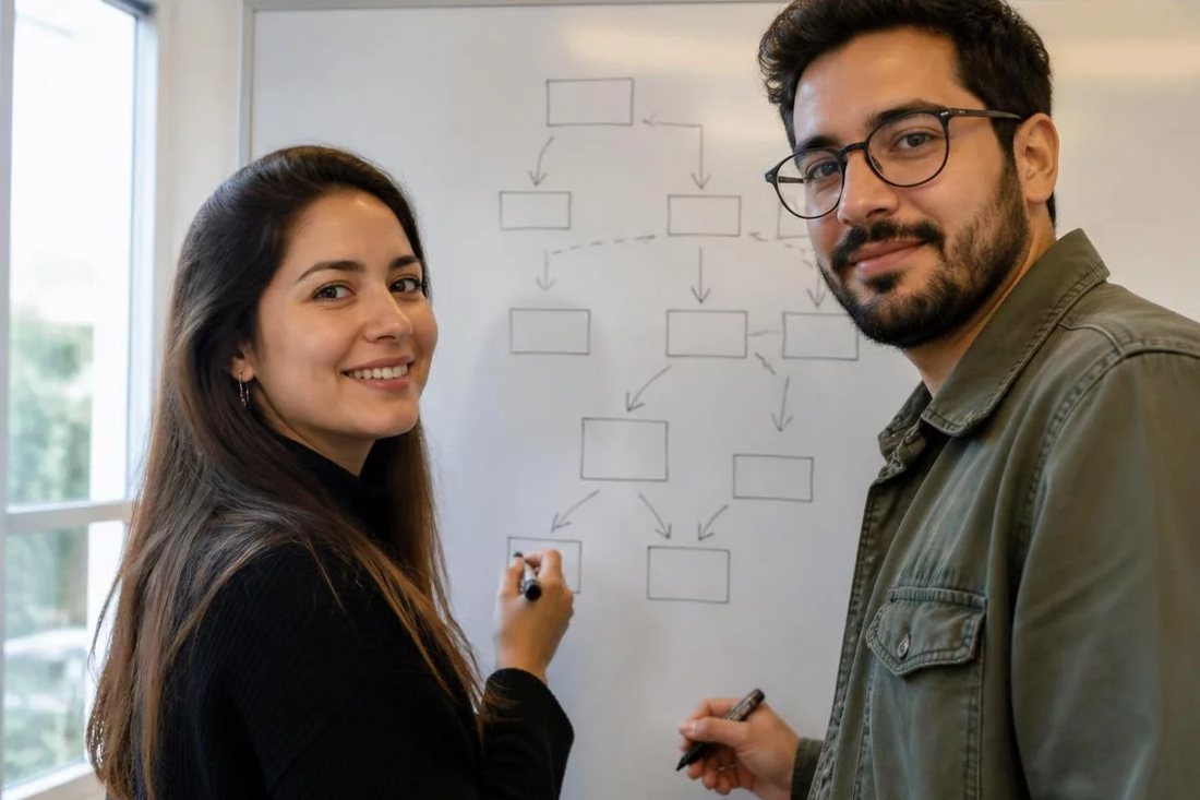 Dois alunos em pé diante do quadro branco, riscando a ordem em que o argumento será apresentado
